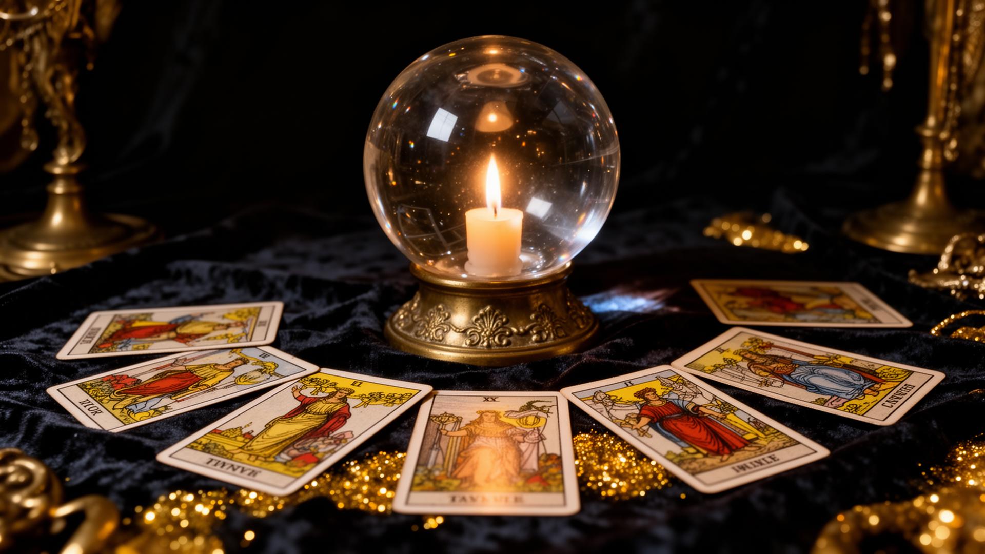 Tarot cards spread around a softly lit crystal ball on dark velvet