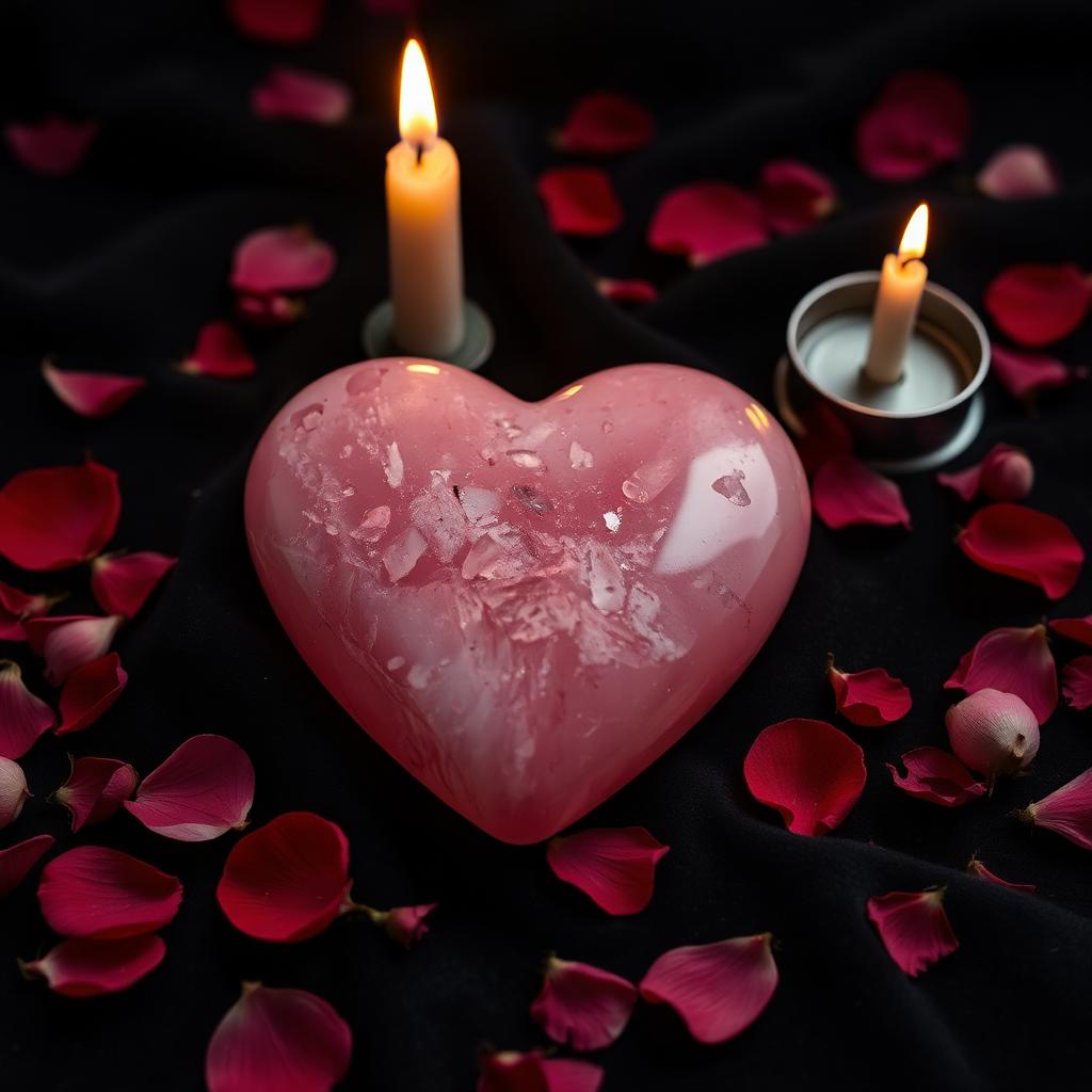 A rose quartz heart on dark velvet surrounded by dried rose petals and a single lit candle