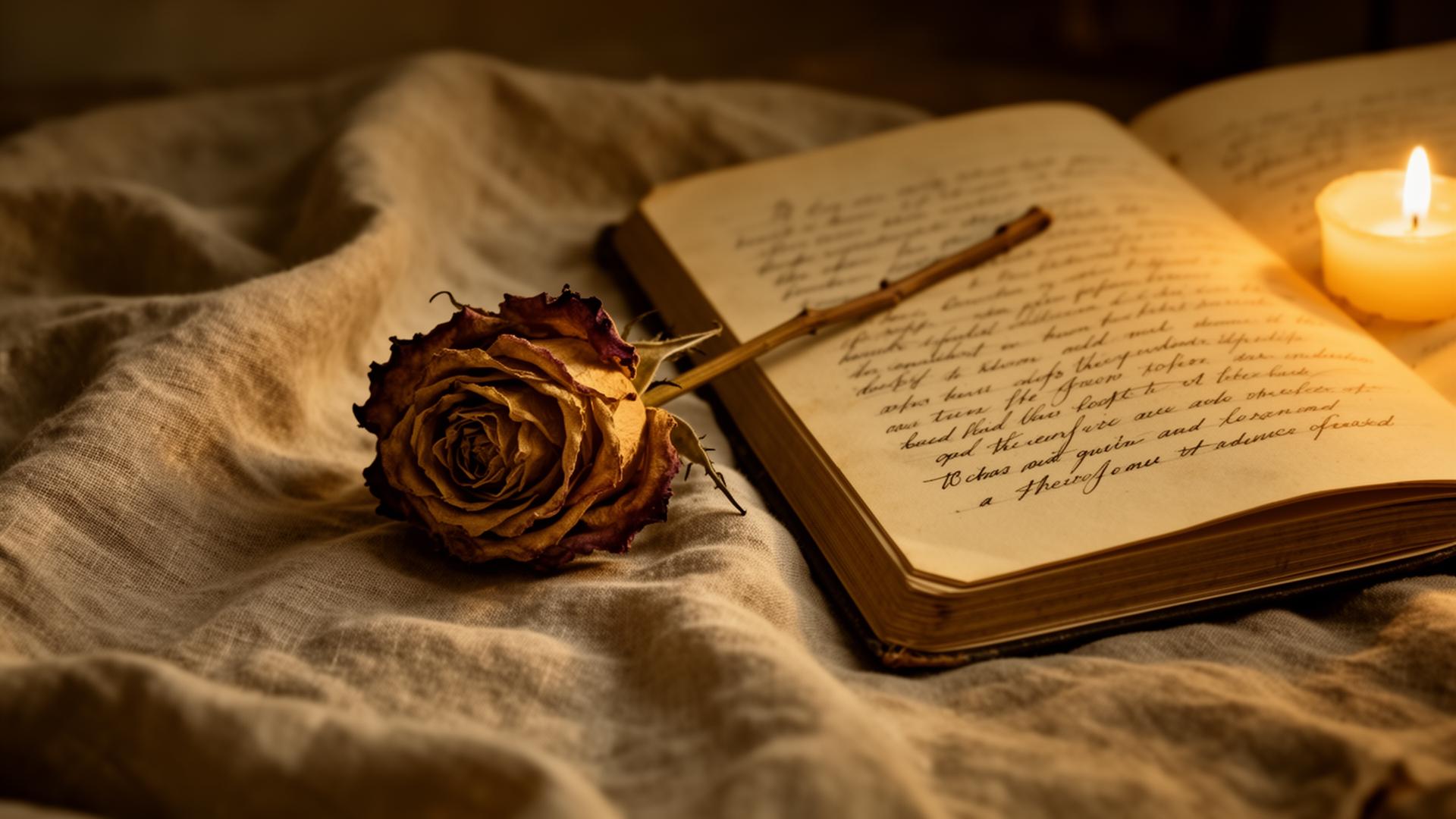 A pressed dried rose resting beside an open handwritten journal in candlelight