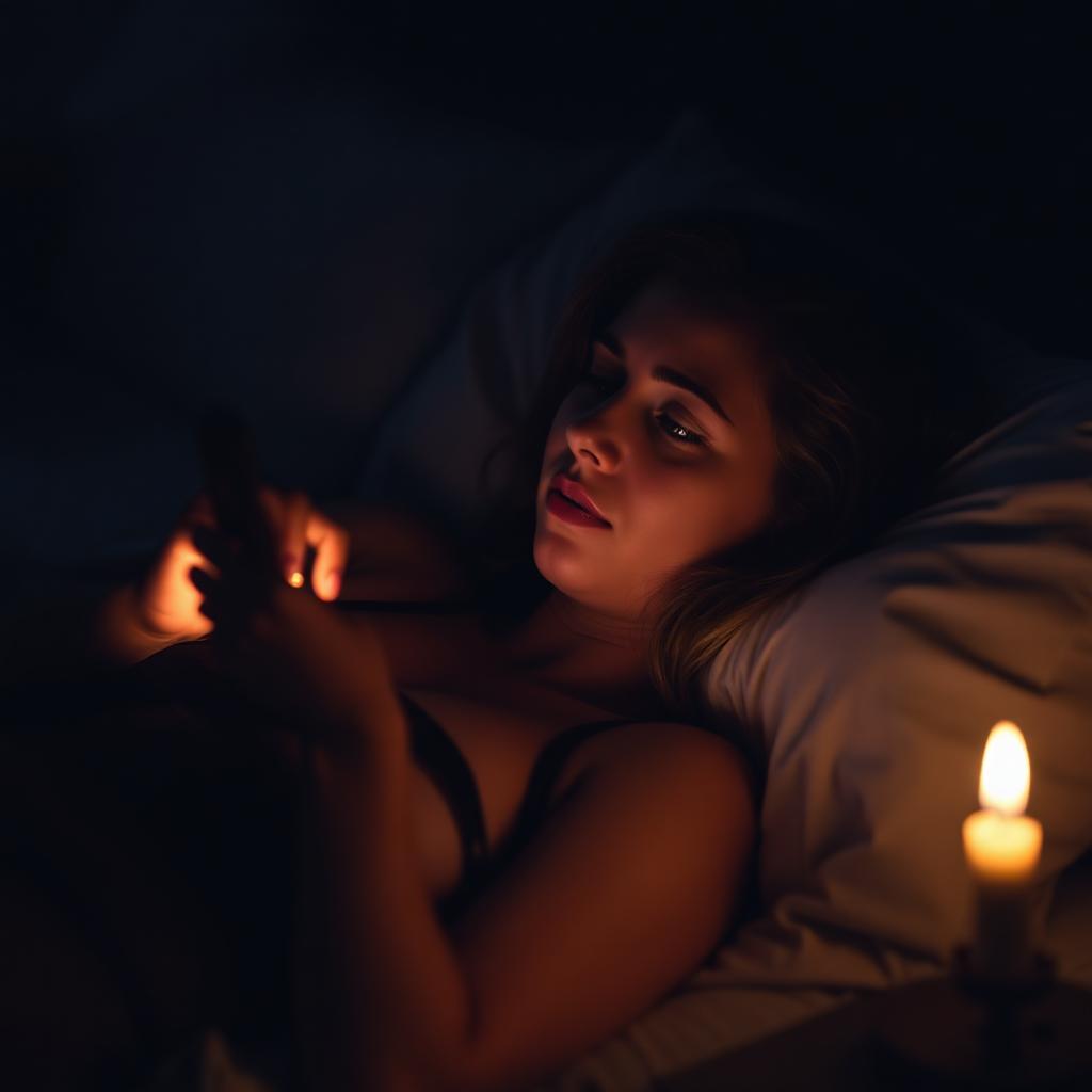 A woman lying awake at night, phone in hand, lit by a single candle