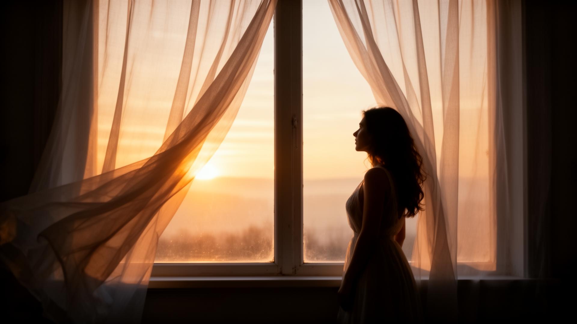 Silhouette of a woman gazing out a window at a golden sunrise