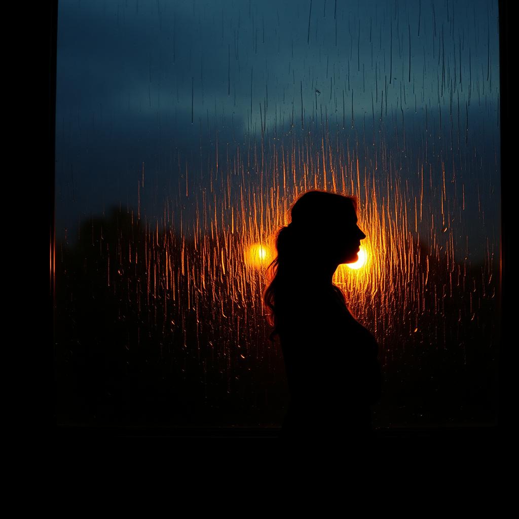 Silhouette of a woman by a rain-streaked window at dusk, soft golden lamplight behind her