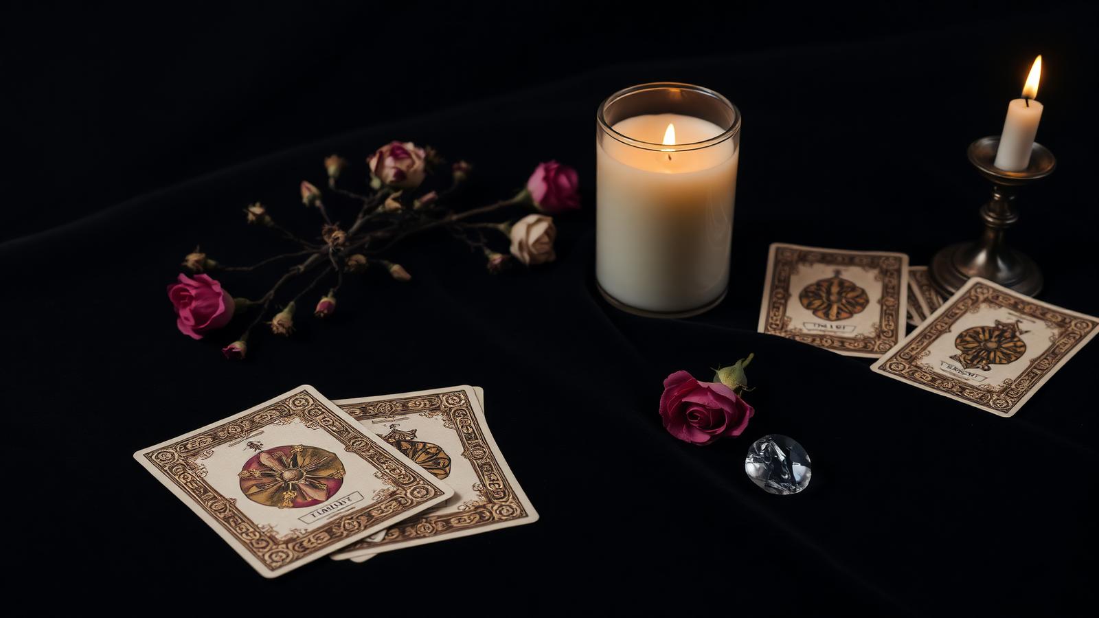 Vintage tarot cards spread on dark velvet beside a lit candle and dried roses