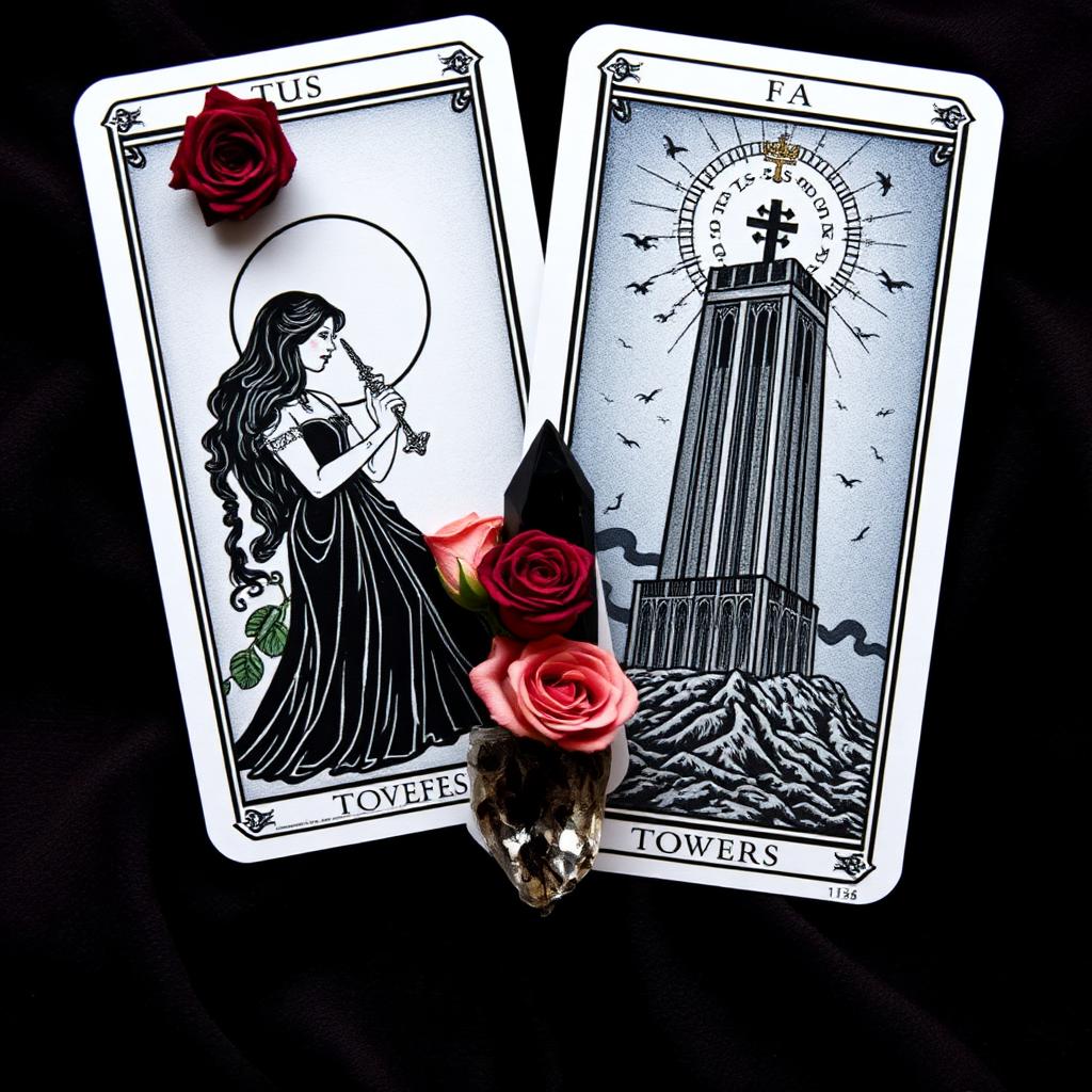 Two tarot cards on dark velvet — the Lovers and the Tower — beside roses and obsidian