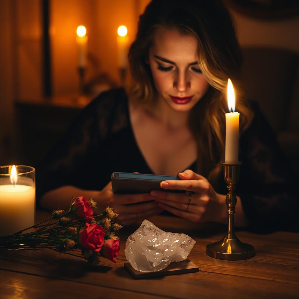 Woman by candlelight reading a psychic message on her phone