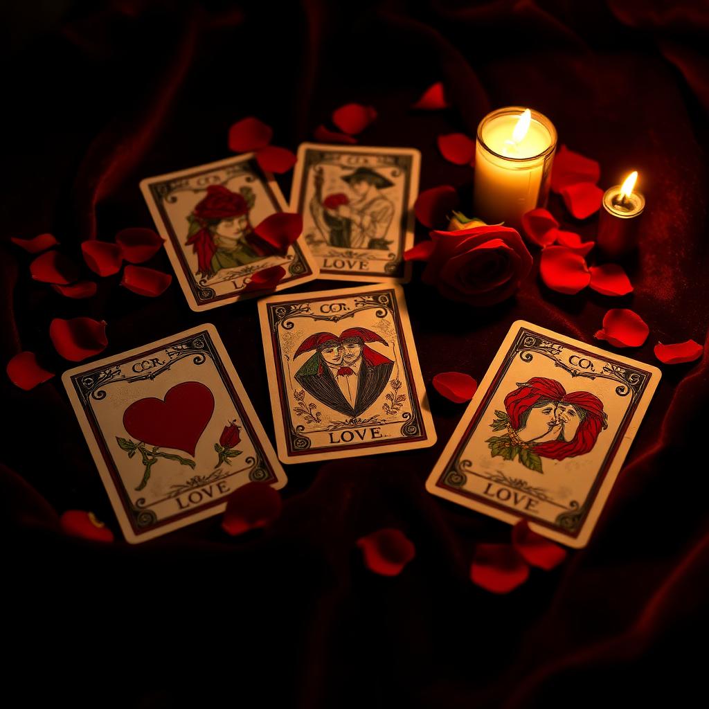 Vintage love tarot cards on dark velvet with rose petals and candlelight