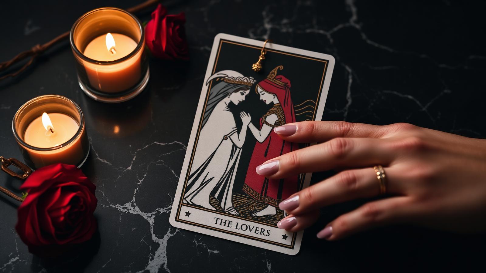 The Lovers tarot card on dark marble beside two candles and a red rose