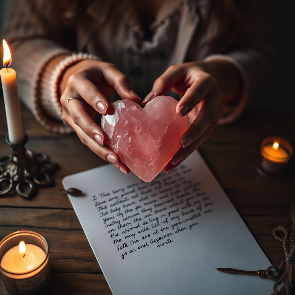 A woman's hands cradling a rose quartz heart over a handwritten letter by candlelight
