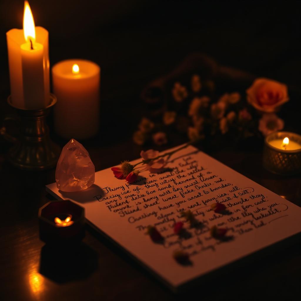 Handwritten letter by candlelight with rose quartz and pressed flowers