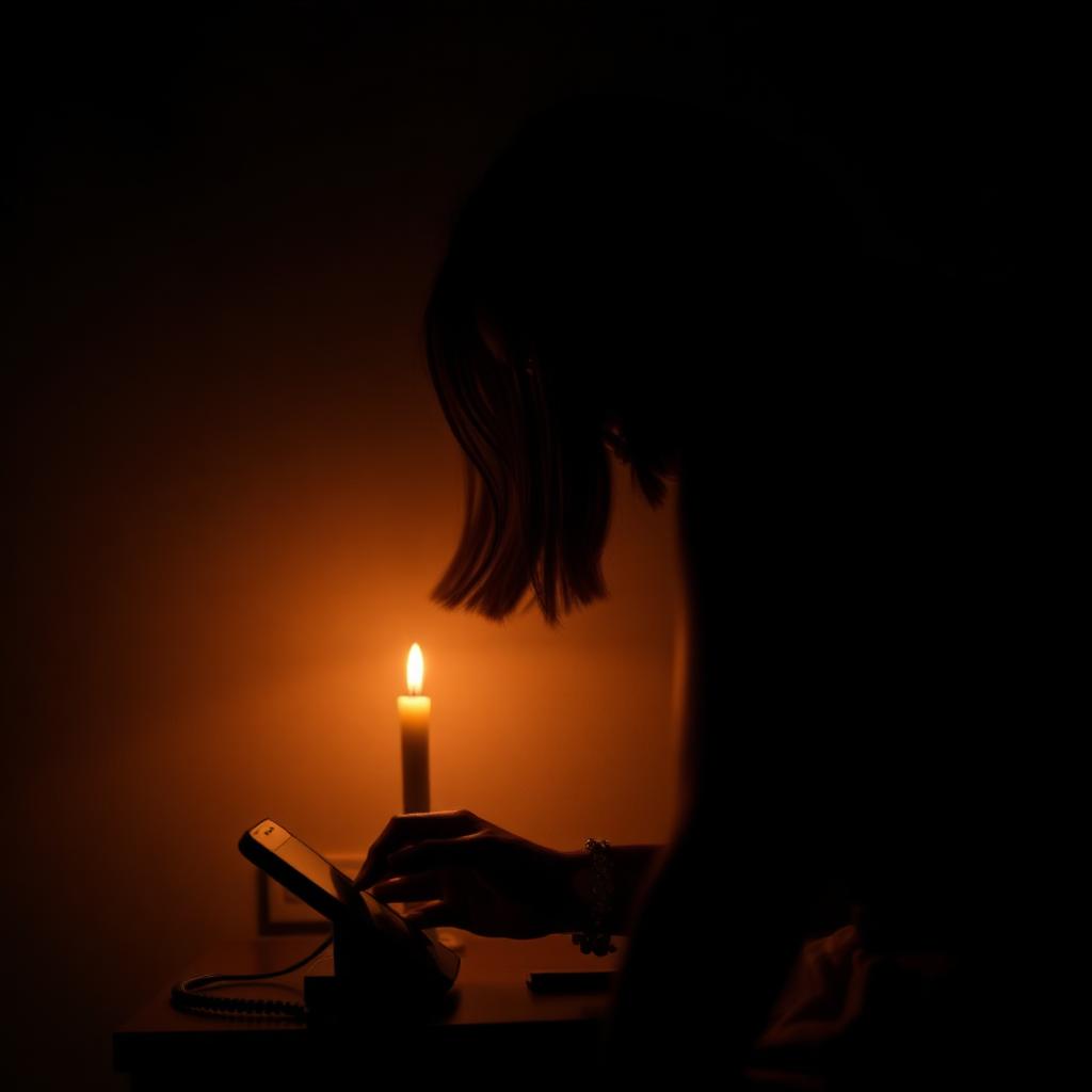 A woman's silhouette placing a phone face-down on a nightstand by candlelight