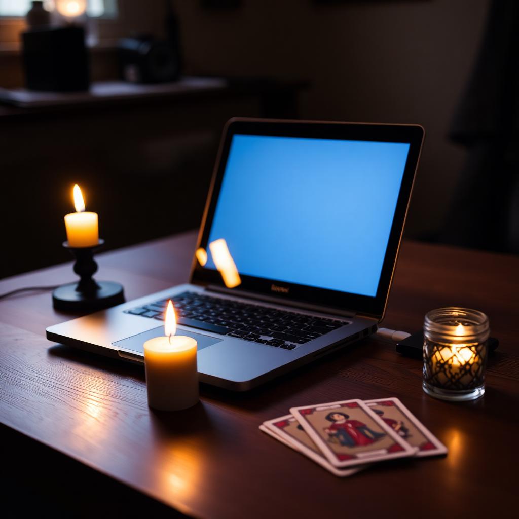 A laptop glowing beside a lit candle and tarot deck on a wooden table