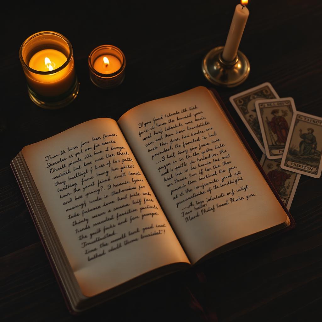 An open vintage journal beside tarot cards and a lit candle on dark wood