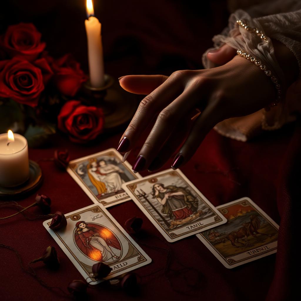 Woman's hand hovering over tarot cards by candlelight with red roses