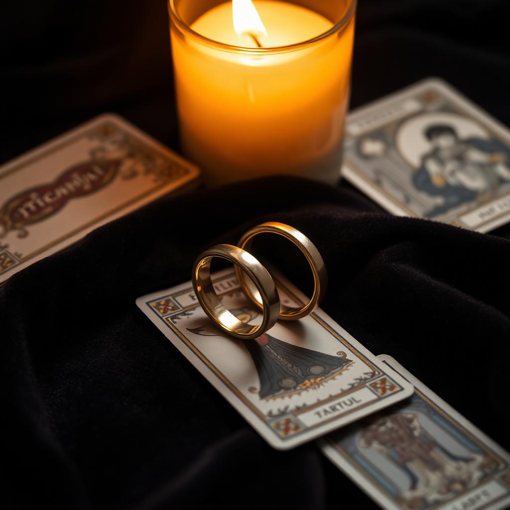 Two interlocked gold rings on dark velvet beside a candle and tarot cards