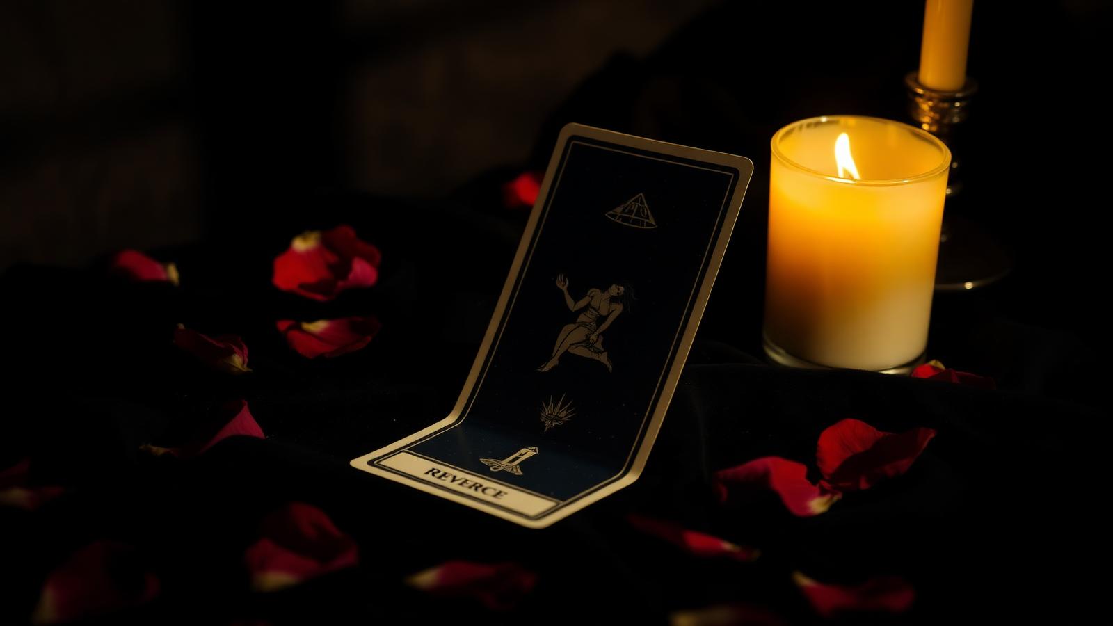 A single reversed tarot card on dark velvet with wilted rose petals and warm candlelight
