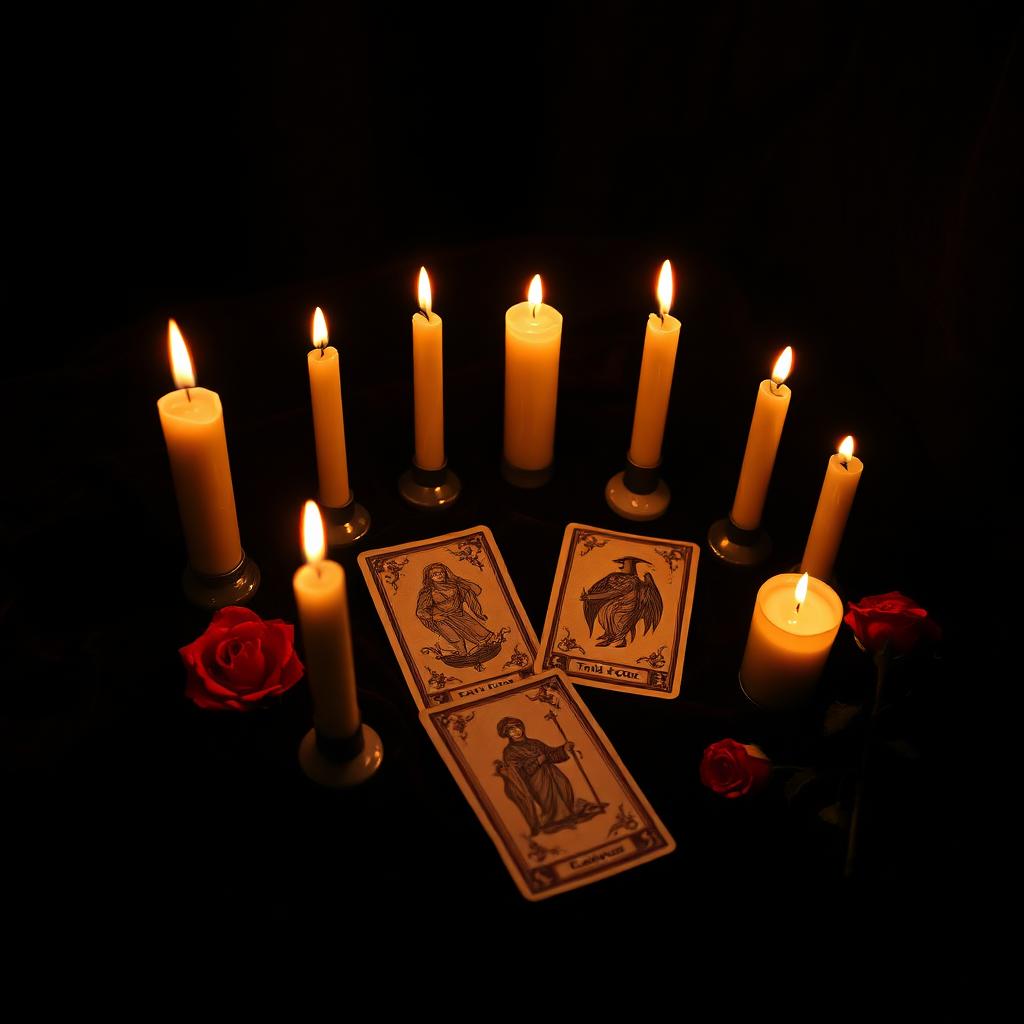 Seven flickering candles arranged on dark velvet with tarot cards and dried roses