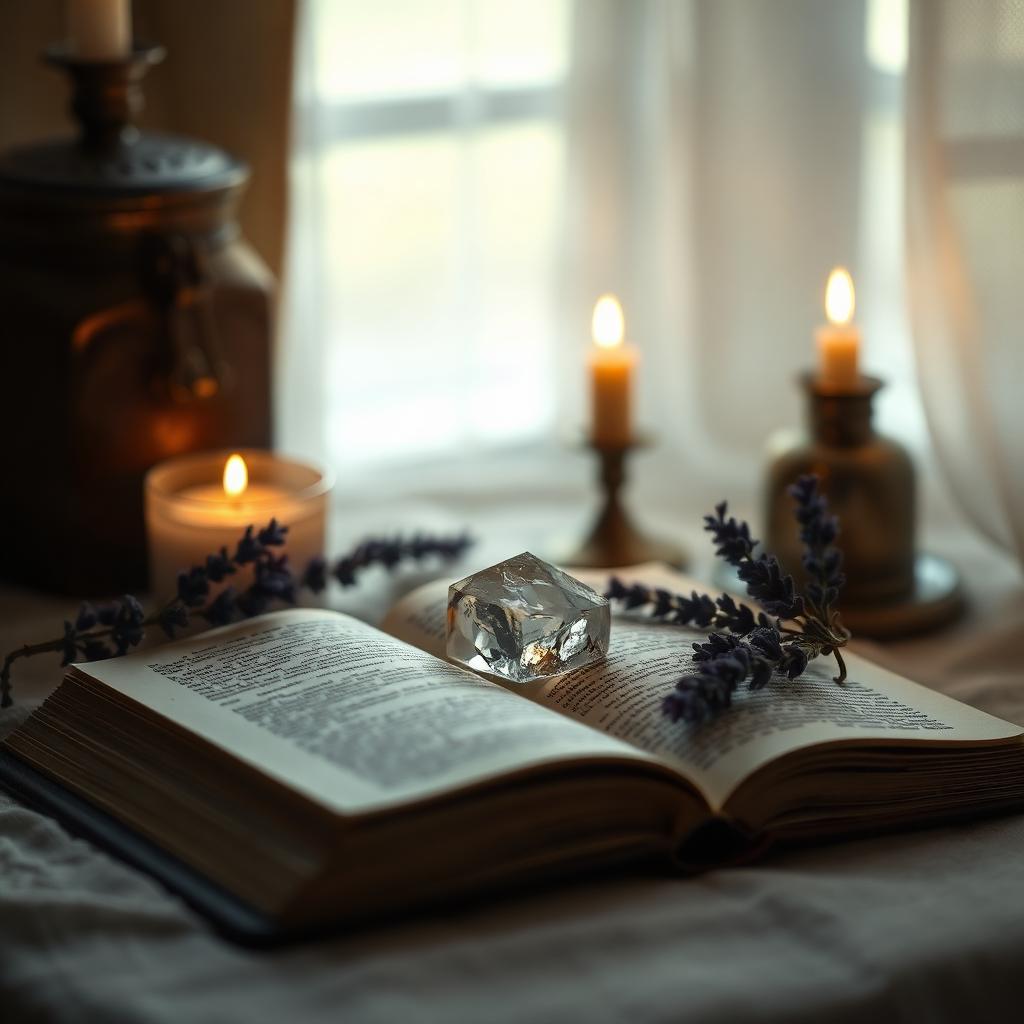 An open journal with a quartz crystal and lavender beside soft candlelight