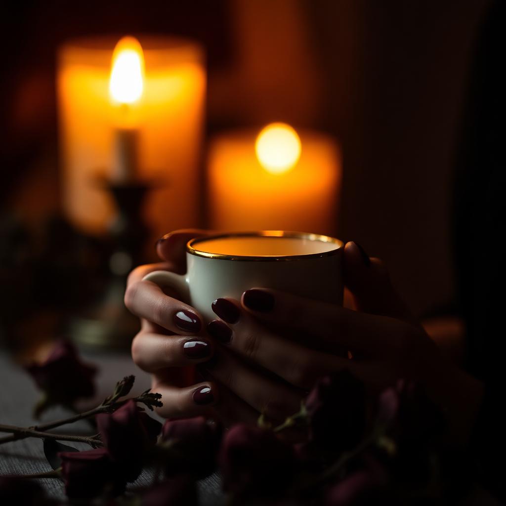 Woman's hands cradling a warm mug by candlelight with dried roses
