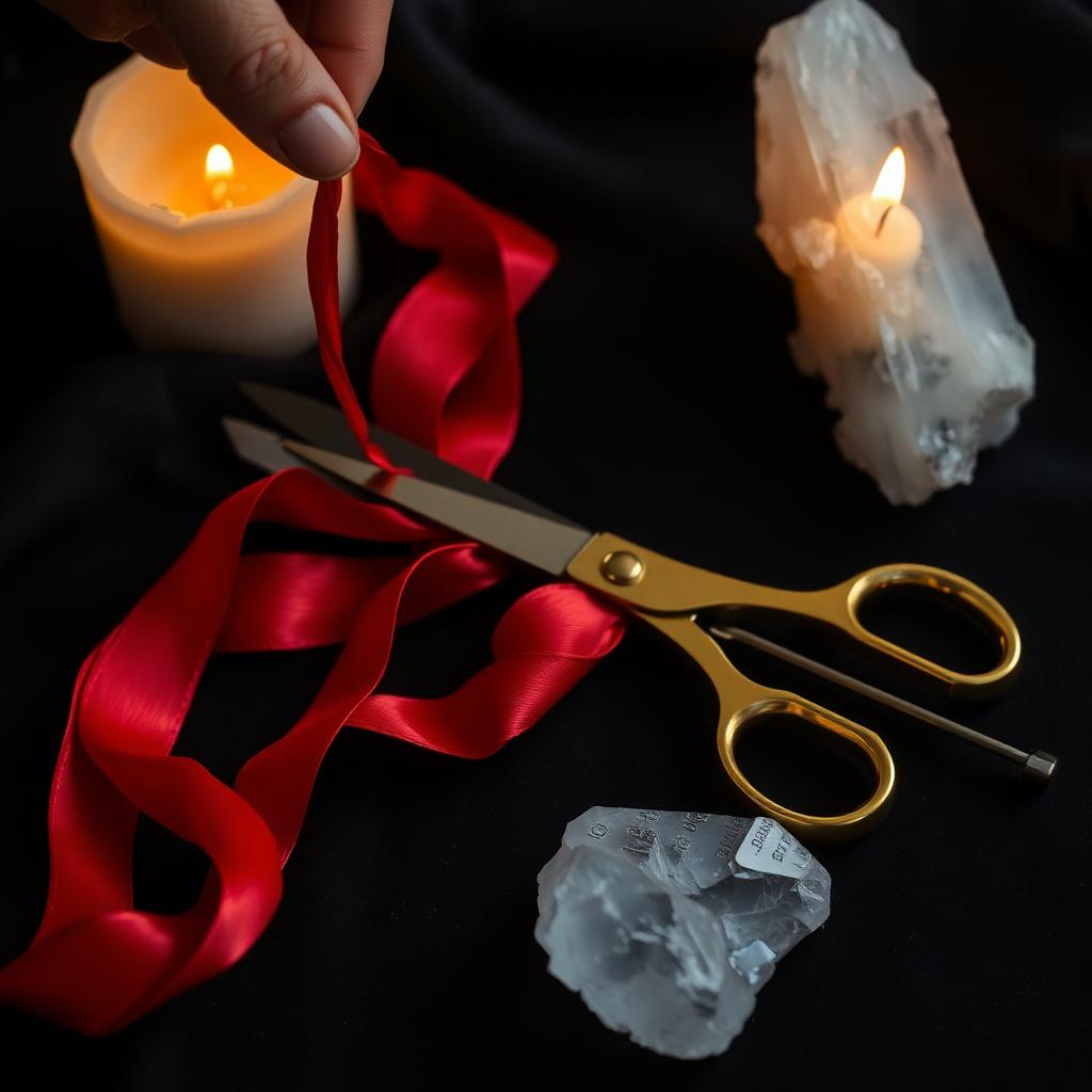 Golden scissors cutting a red silk thread beside a candle and selenite crystal