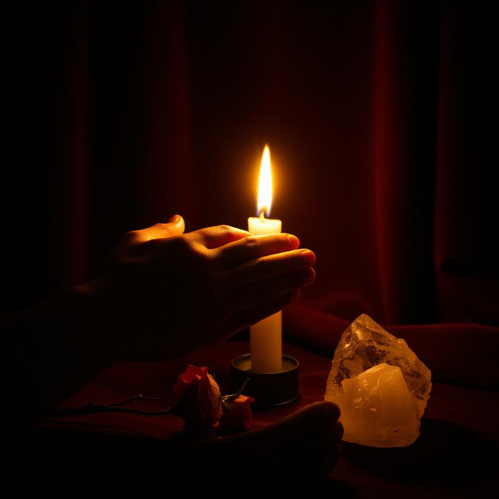 Two hands almost touching by candlelight with dried roses and a quartz crystal