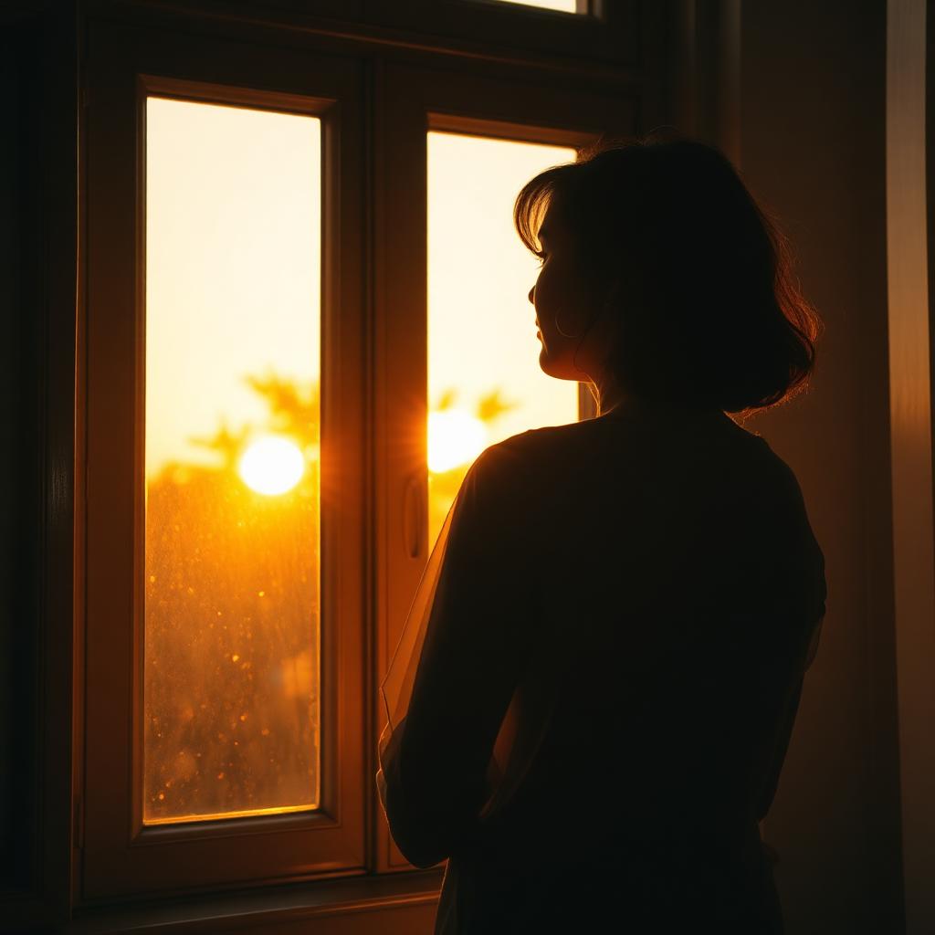 A woman's silhouette at a window facing a golden sunrise