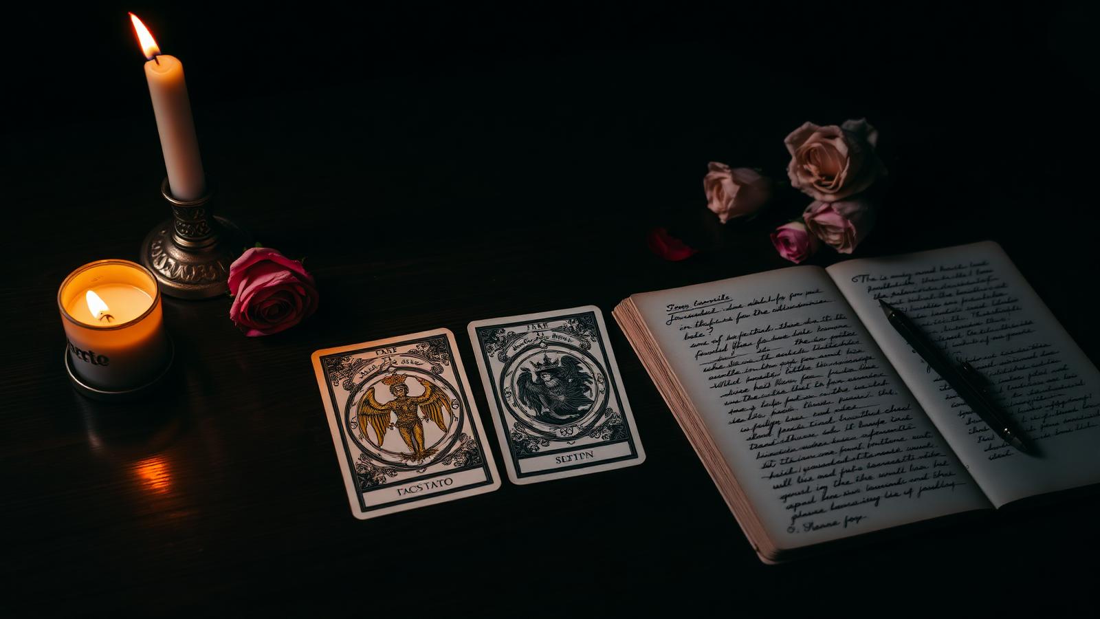Three tarot cards laid in a row on a dark walnut table with candlelight and an open journal