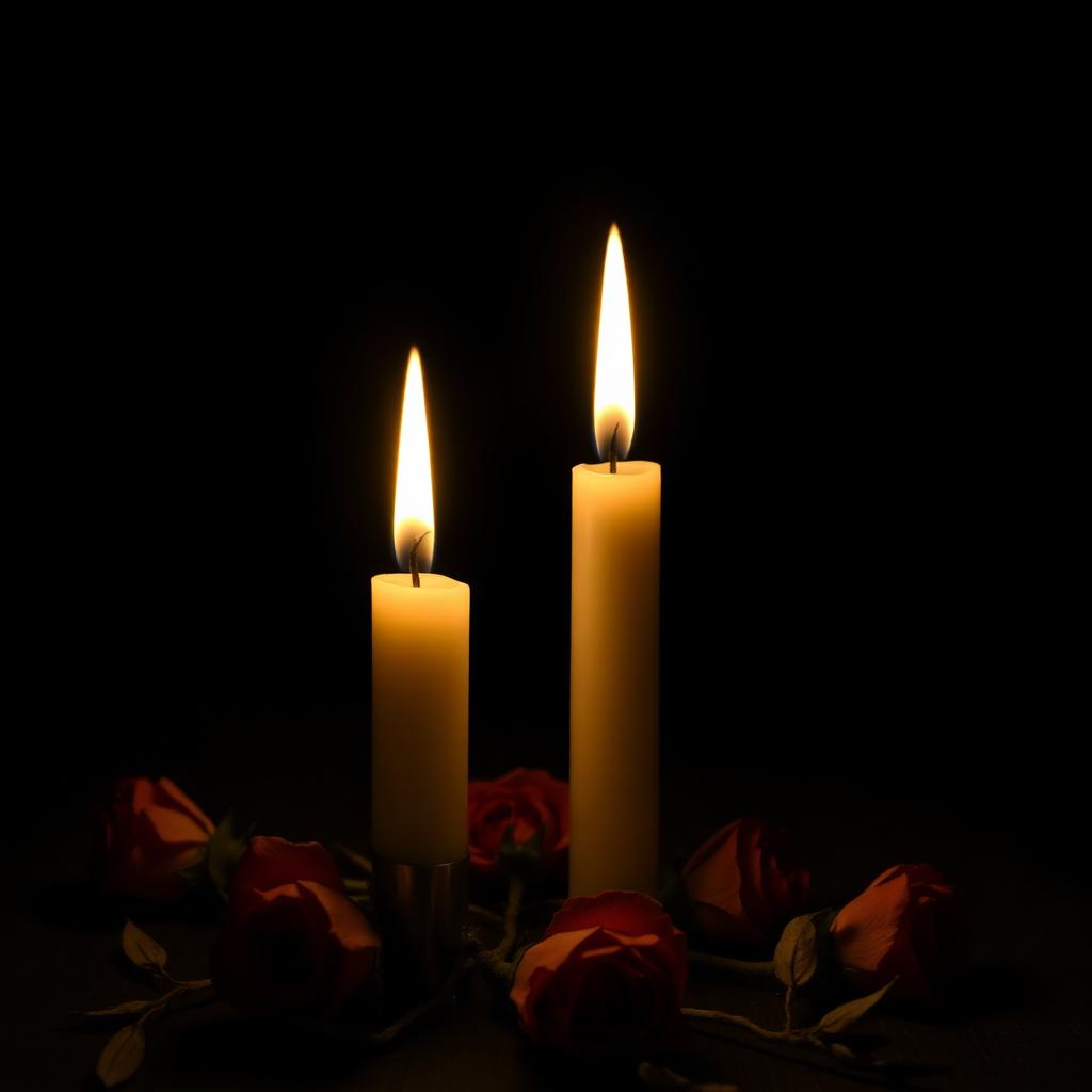 Two candle flames close together on dark surface with dried roses