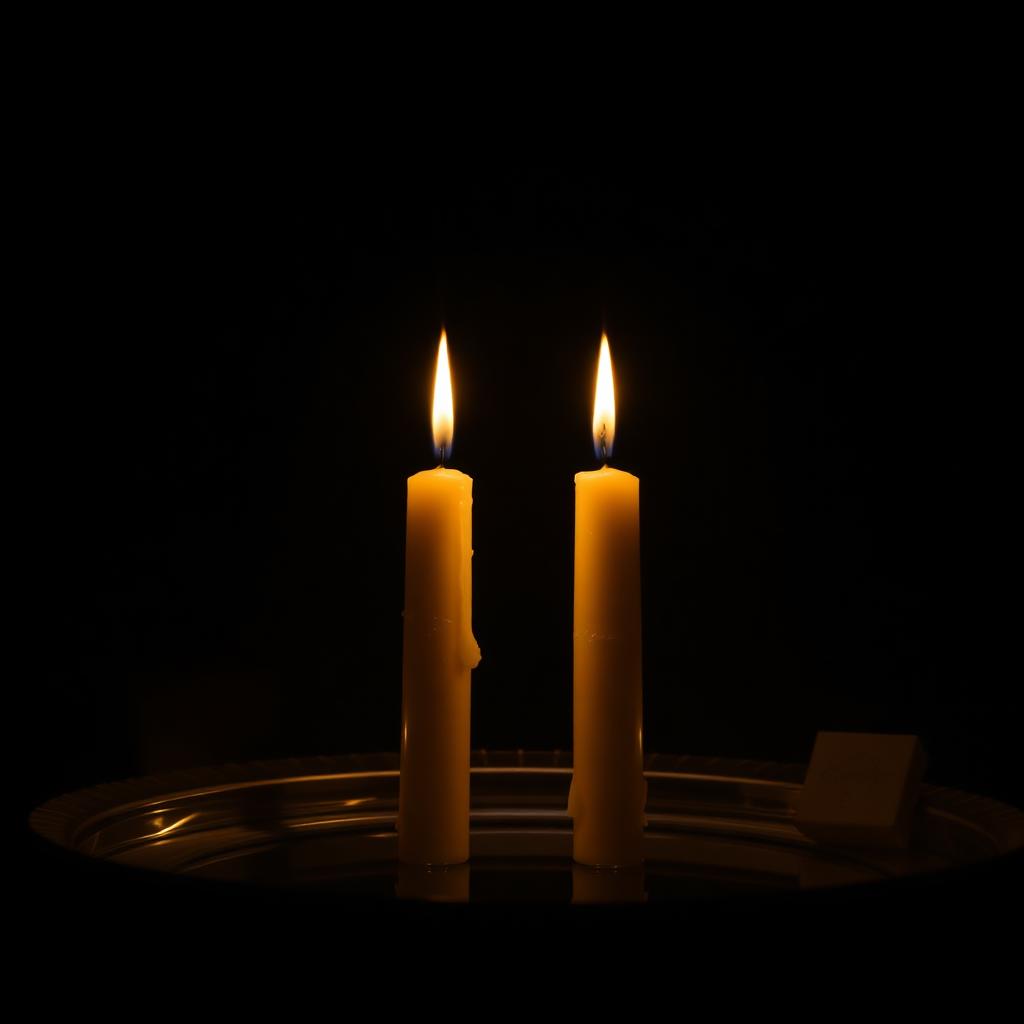 Two candle flames burning side by side reflected in a mirror