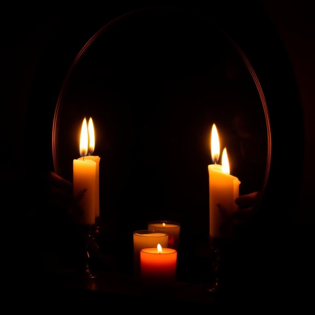 Two candles glowing side by side reflected in a dark mirror