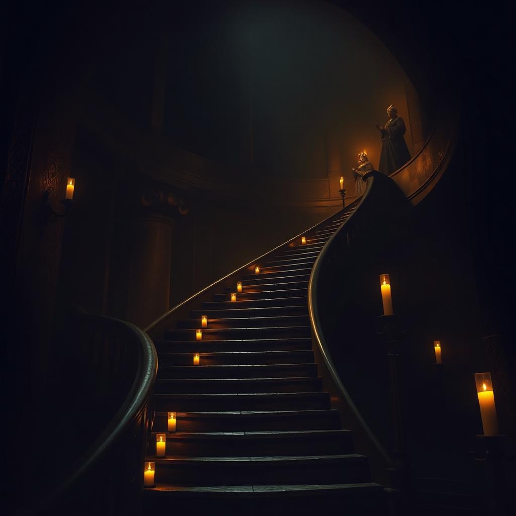 A spiral staircase lit by ascending candles in a shadowy temple