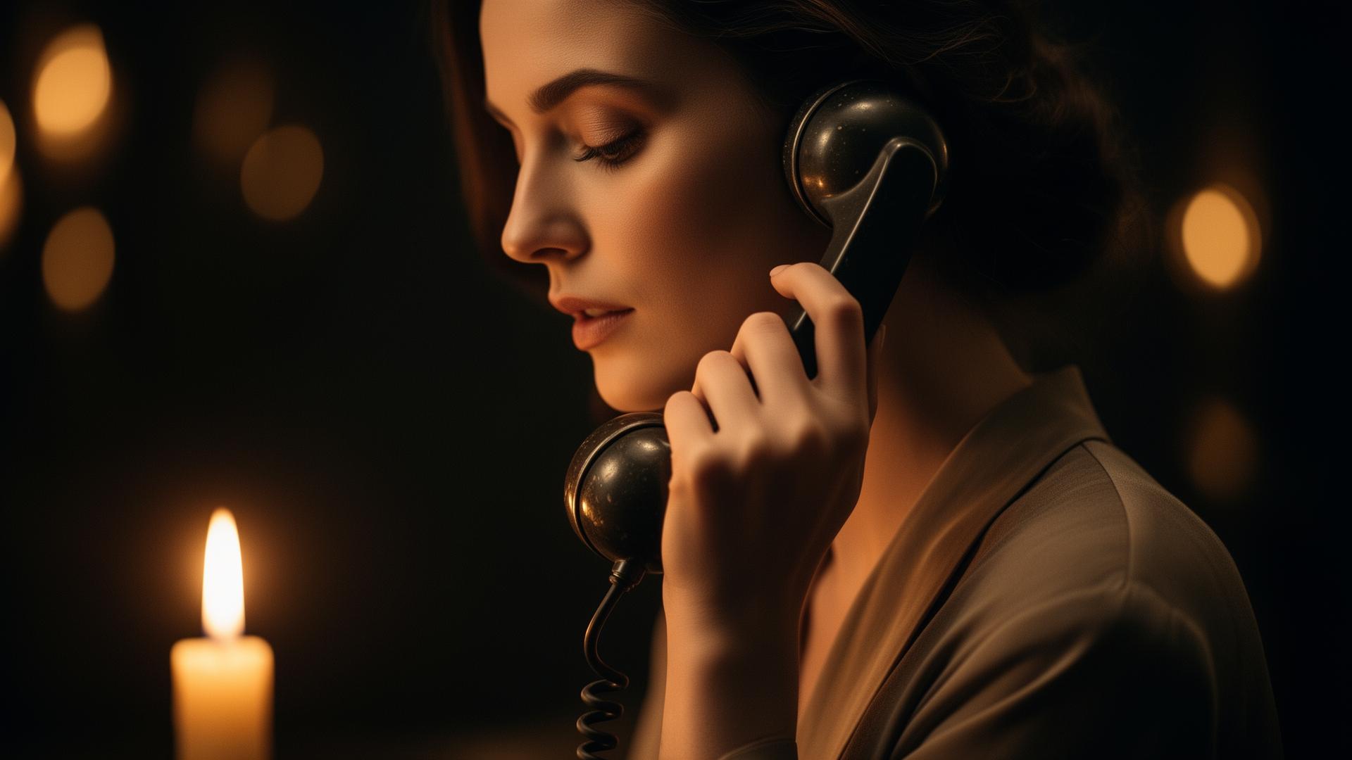 A woman in profile holding a vintage telephone receiver by candlelight