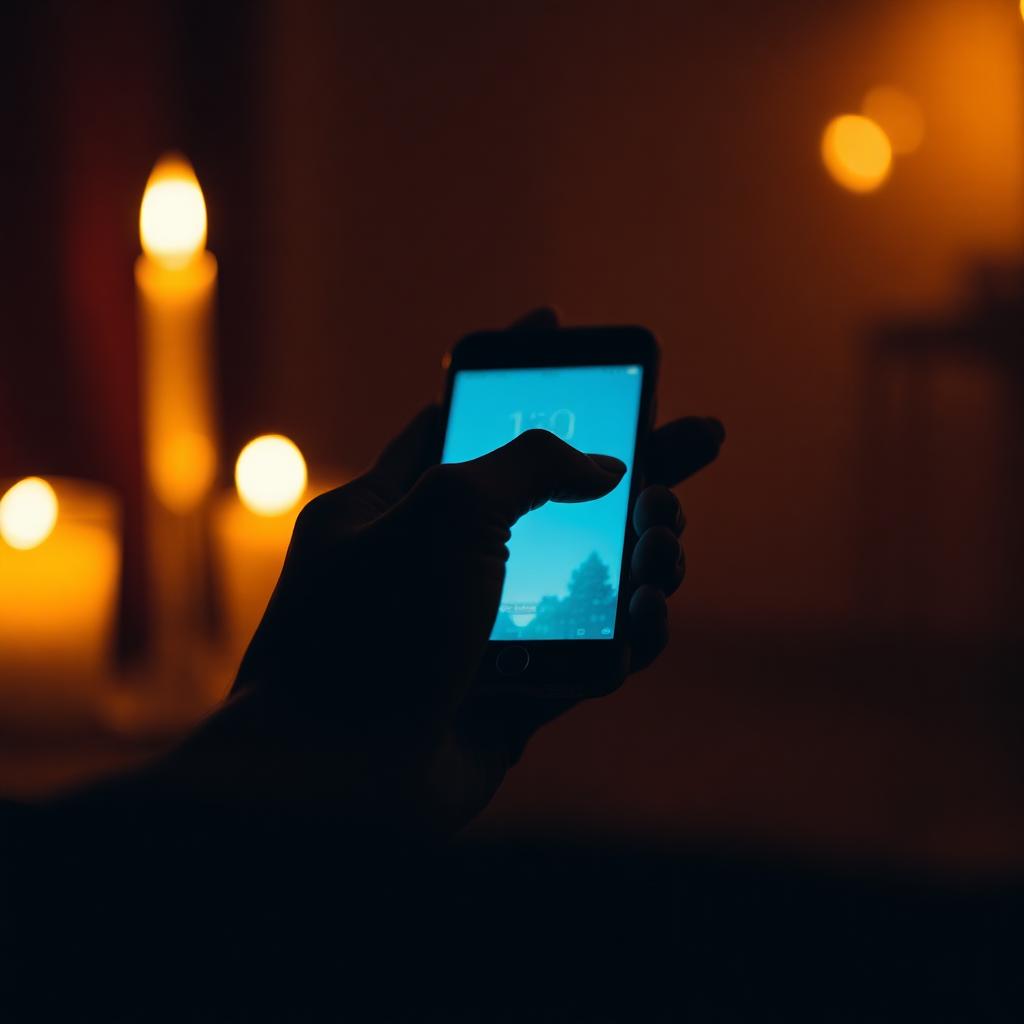 A woman's hand holding a glowing phone in dim candlelight, waiting for a message