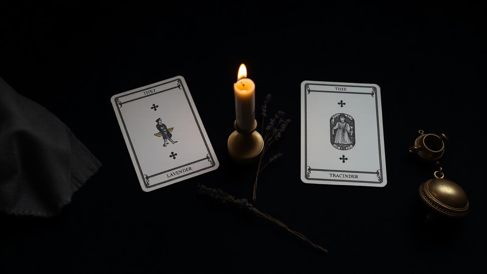 Two tarot cards face-down on dark linen with a single taper candle between them