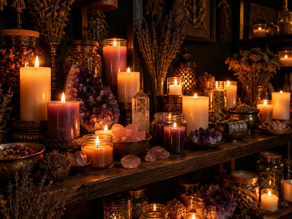 Candles, crystals and dried herbs at a Houston metaphysical botanical shop