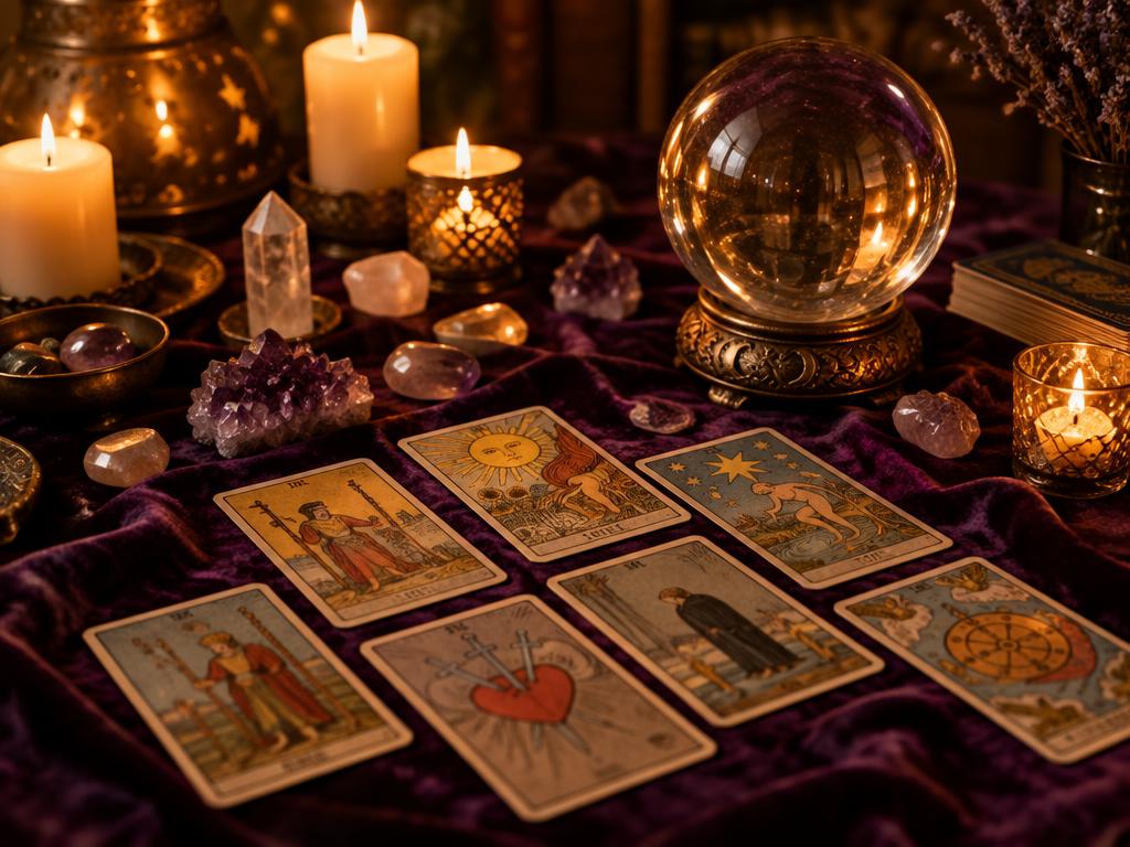 Tarot cards, crystal ball and candles for love psychic readings in Houston